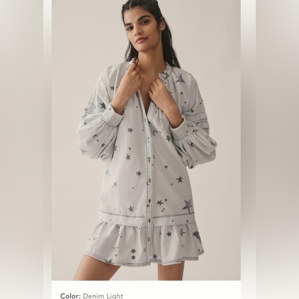 Anthropologie Pilcro Long Sleeve V Neck Mini Shirt Dress. Light blue with Stars